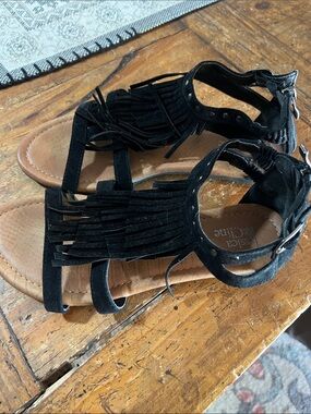 Black Fringe Ankle-Strap Sandals by Jessica Claire